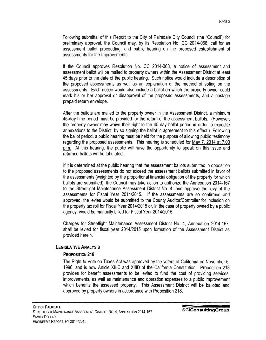 PAGE 2 Following submittal of this Report to the City of Palmdale City Council (the "Council") for preliminary approval, the Council may, by its Resolution No.