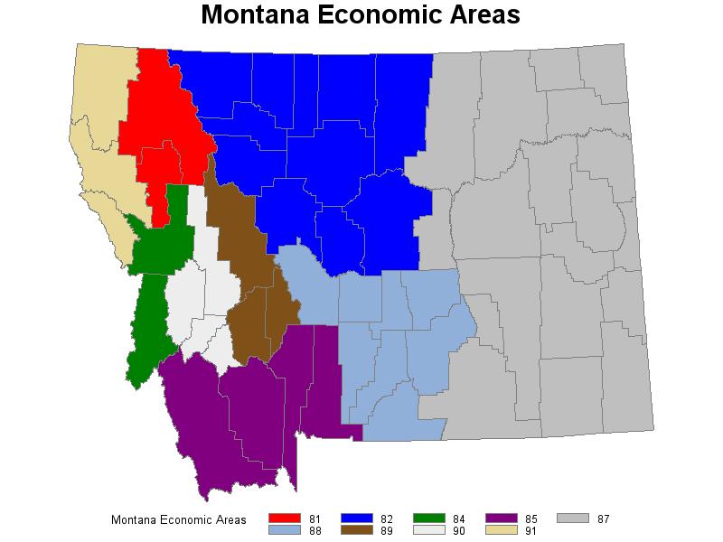 Counties Comprising Montana Economic Areas 81 Flathead and Lake county 82 Blaine, Cascade, Chouteau, Fergus, Glacier, Hill, Judith Basin, Liberty, Pondera, Teton, and Tool county 84 Missoula and