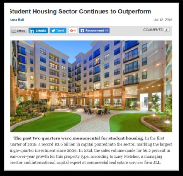 The Student Housing sector of the Housing Market is heathy and Tier 1 Schools like Florida State University are seeing a surge in the demand from students for quality offcampus housing.