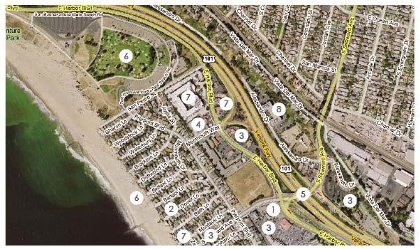 PIERPONT VILLAGE 1. Neighborhood commercial center 2. Area of beach units on narrow lanes 3. Beach visitor oriented commercial 4.