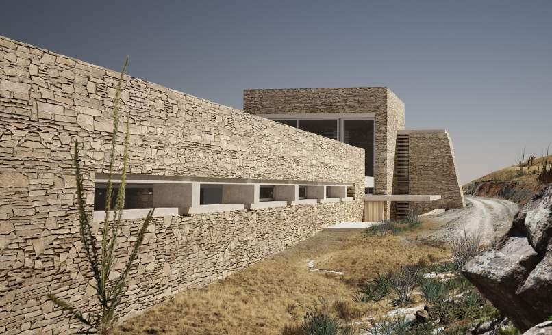 The design configures minimal interior and exterior spaces along a linear axis that originates from the towerhouse, and