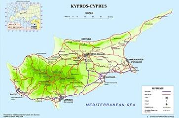 Of the Mediterranean islands Cyprus is the third largest, and lies in the southeastern region of the sea Size: 9,251 km 2 Mean temperatures: 5-36 o C Administrative structure: 6 districts Population: