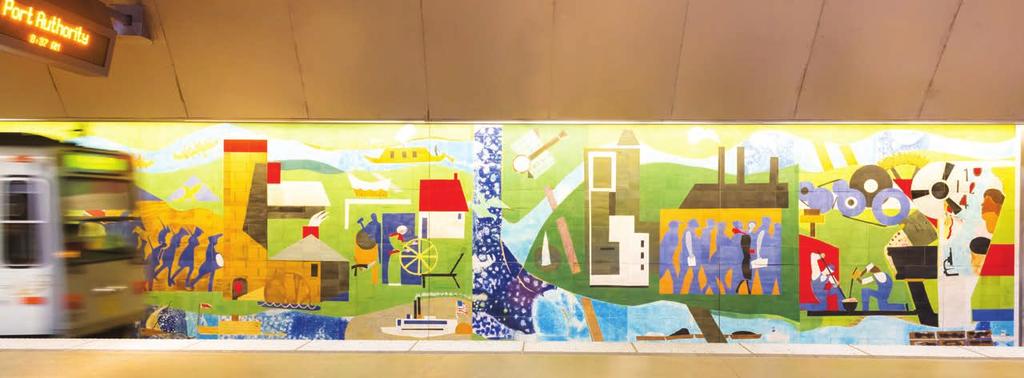 70 PITTSBURGH RECOLLECTIONS 1984 ROMARE BEARDEN Ceramic tile Gateway Center T Station, platform level This mural is an excellent example of Bearden s visual orchestration a collage of highly stylized