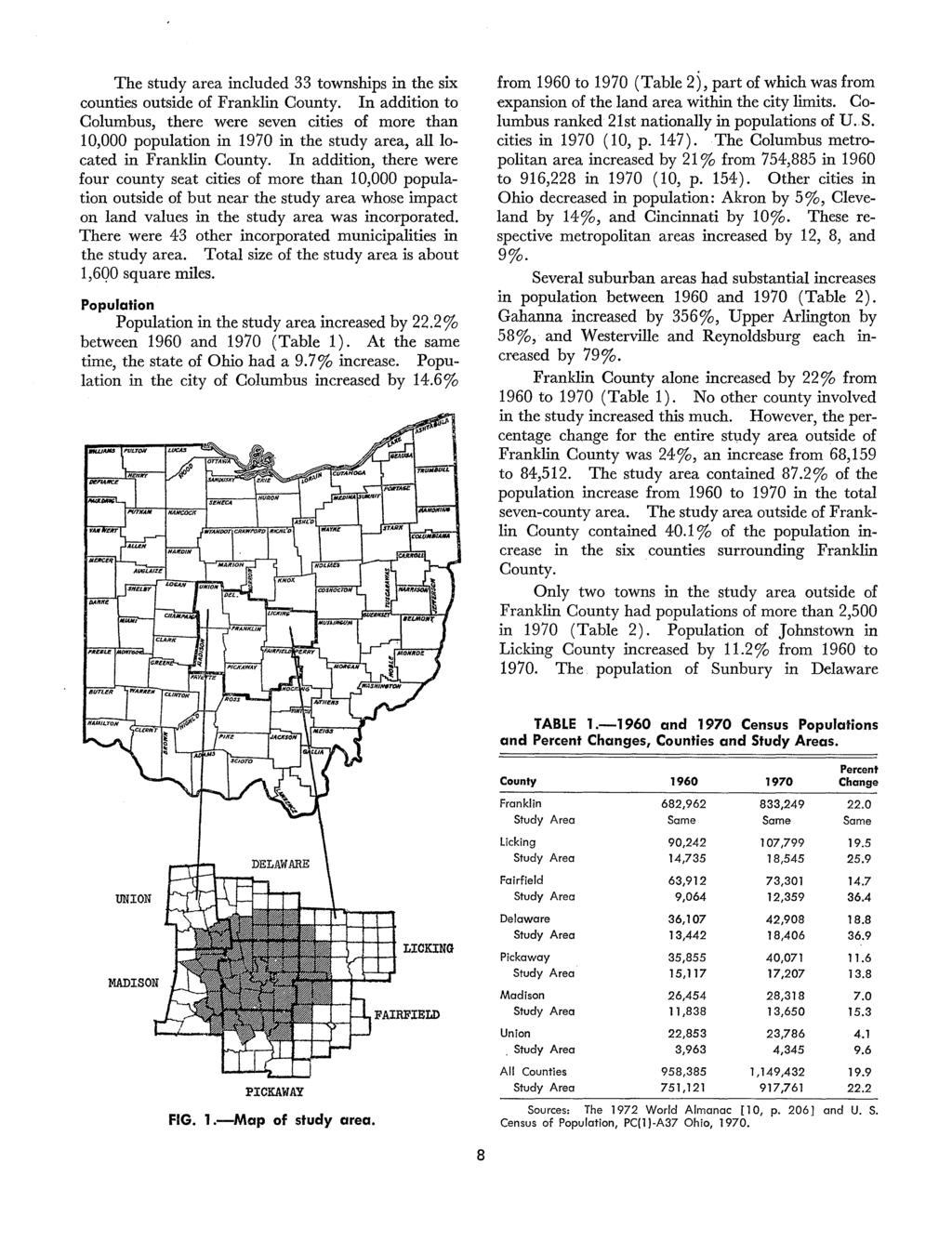 The study area included 33 townships in the six counties outside of Franklin County.