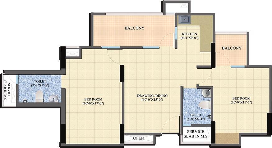 2 Bedrooms Drawing & Dining Kitchen 2 Toilets 2 Balconies CARPET AREA 55.73 SQ. MTR. (600 SQ. FT.) AREA 11.08 SQ. MTR. (119.3 SQ. FT.) BUILT AREA 73.
