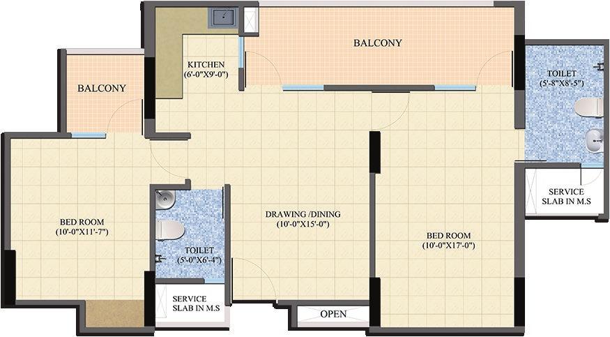2 Bedrooms Drawing & Dining Kitchen 2 Toilets 2 Balconies CARPET AREA 57.42 SQ. MTR. (618 SQ. FT.) AREA 13.85 SQ. MTR. (149 SQ. FT.) BUILT AREA 76.87 SQ. MTR. (827 SQ. FT.) 99.59 SQ. MTR. (1072 SQ.