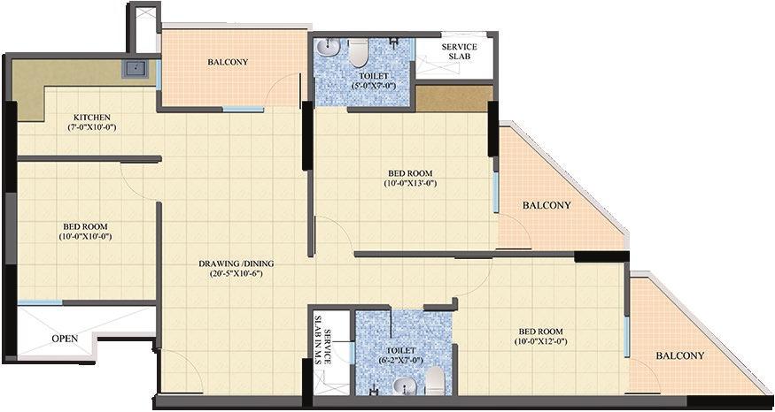 3 Bedrooms Drawing & Dining Kitchen 2 Toilets 3 Balconies CARPET AREA 73.10 SQ. MTR. (787 SQ. FT.) AREA 15.81 SQ. MTR. (170 SQ. FT.) BUILT AREA 95.