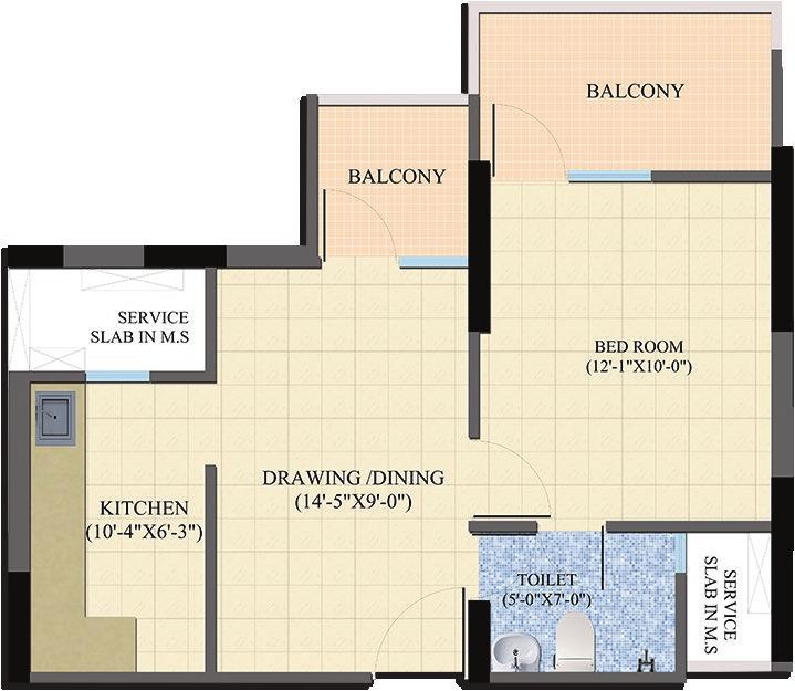 1 Bedroom Drawing & Dining Kitchen 1 Toilet 2 Balconies CARPET AREA 33.84 SQ. MTR. (364 SQ. FT.