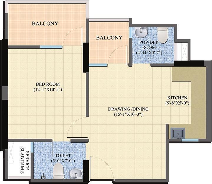 1 Bedroom Drawing & Dining Kitchen 2 Toilets 2 Balconies CARPET AREA 37.40 SQ. MTR. (403 SQ. FT.