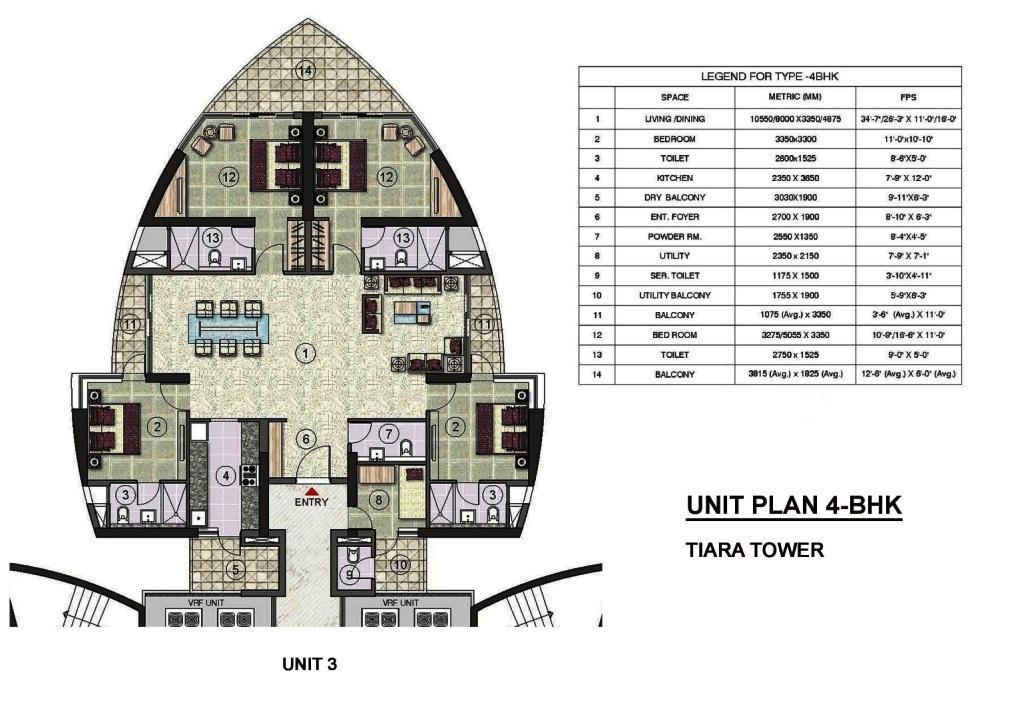 TYPICAL UNIT PLAN Unit Type Unit No. Floors Area Covered Super In Sq. M In Sq. Ft In Sq. M In Sq. Ft 4BHK 3 5 th 14 th 211.35 2275 269.