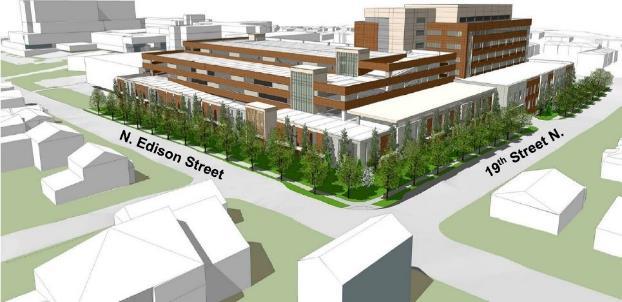 Figure 11: Massing View of Proposed Development View looking southwest with parking garage in foreground Figure 12: N.