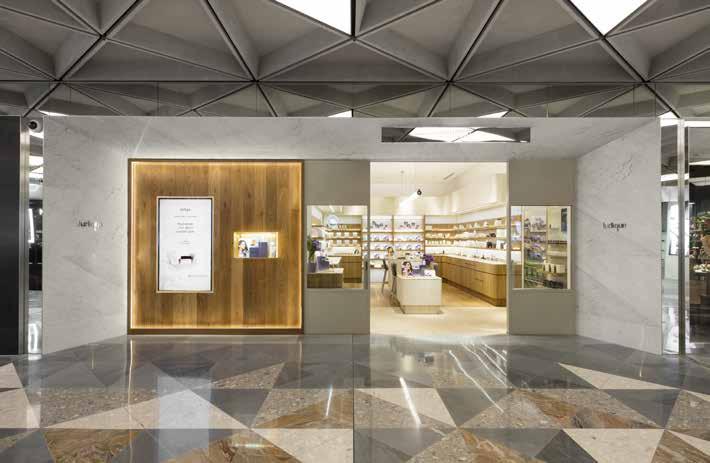 On the ground floor, a beauty garden marketplace mixing retail and beauty services introduces a new and largely open plan retail experience drawing on elegant, custom-made signage, lighting and