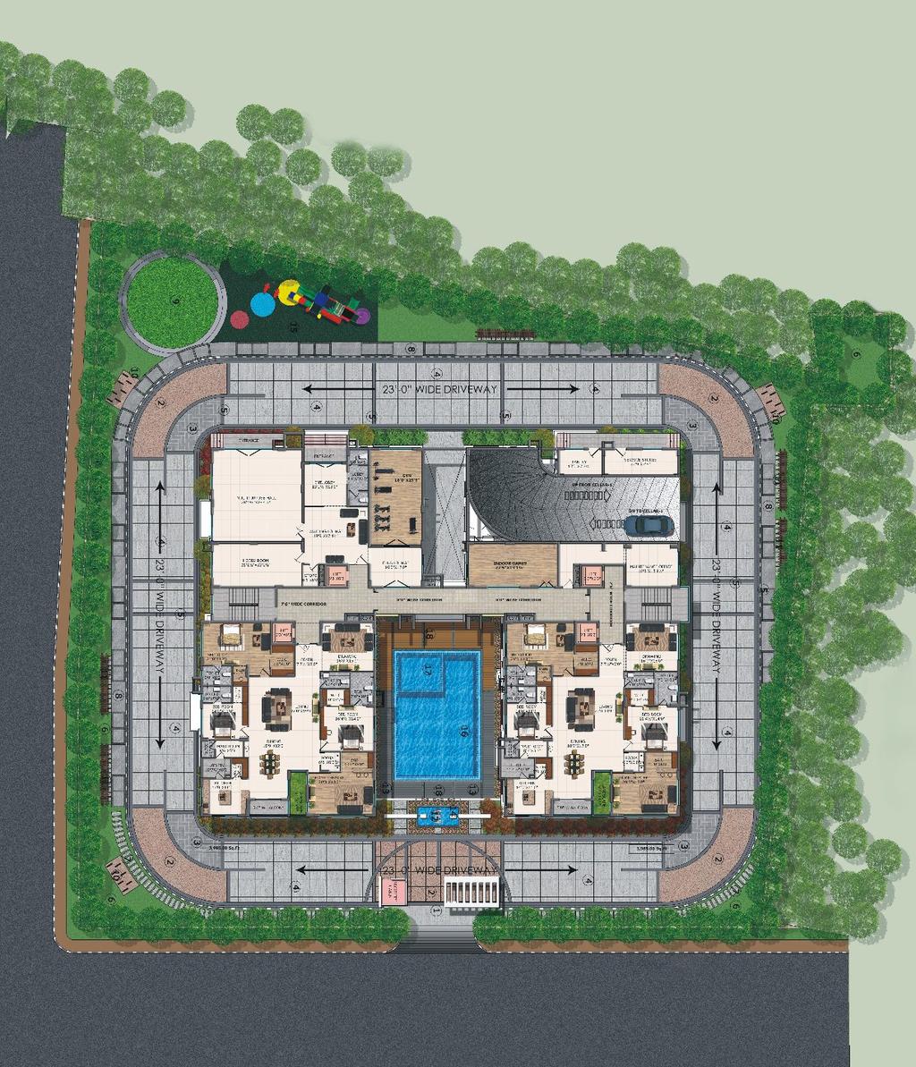 ground floor plan N HIGHLIGHTS 1. MAIN ENTRANCE & EXIT GATE 2. WASH CONCRETE 3. INTERLOCKING PAVERS 4. V.D.F. FLOORING 5. TILE BAND 6. LAWN 7. STEPPING STONES AS PATHWAY 8.