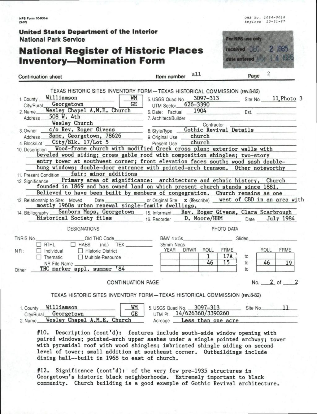 NPS Form 10-900-* 042) United States Department of the Interior National Park Service National Register of Historic Places Inventory Nomination Form OMB No.