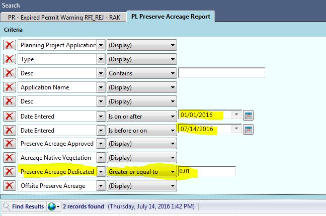 Run the search again with the same dates for Preserve Acreage Dedicated Greater or equal to 0.01.