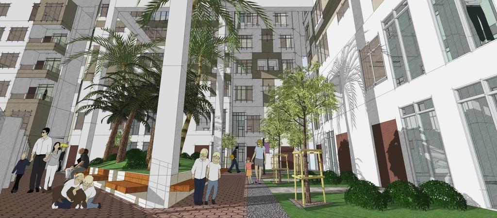 Each courtyard will have a communal semi- private space that is shared by residents that live in the apartments around it.