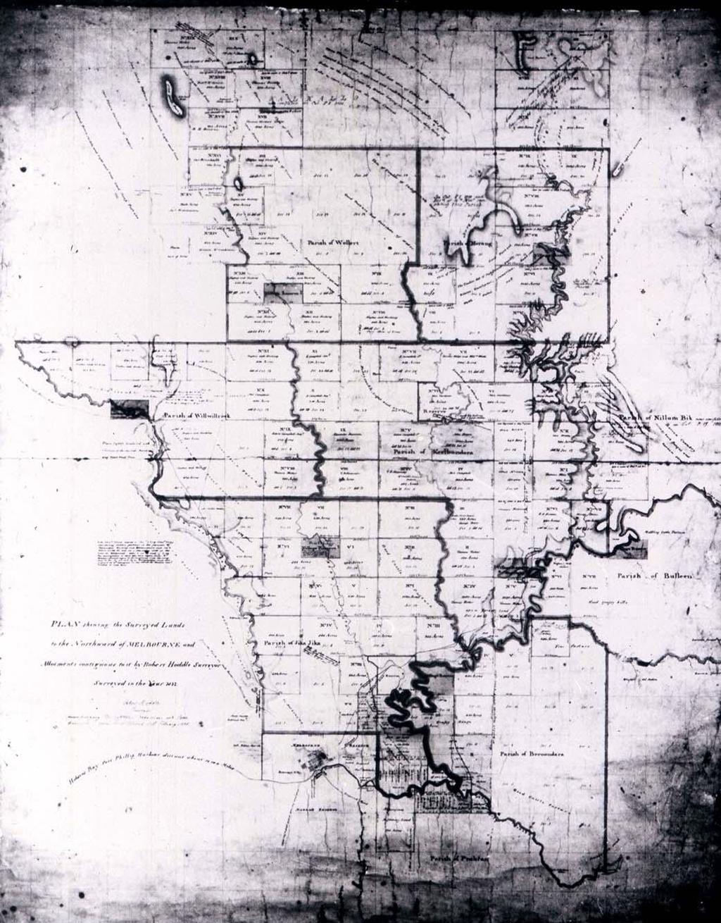 half-drowned or half-baked 11 Robert Hoddle Roll Plan 104, showing lands surveyed north of Melbourne, 1837 [?1838].