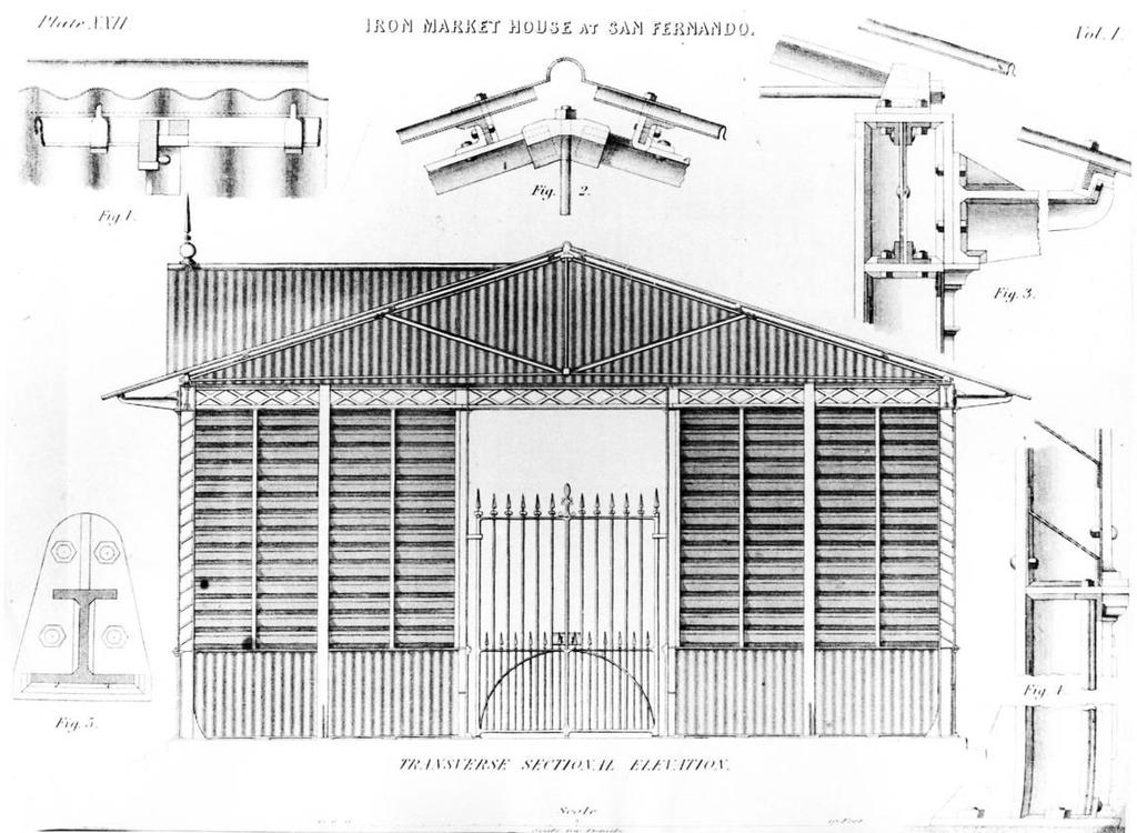 Iron market house for San Fernando, Trinidad, by J H Porter, 1848, sectional elevation & details Practical Mechanic's Journal, I (1848-9), pp 207, 224-5 & pl xx [details].