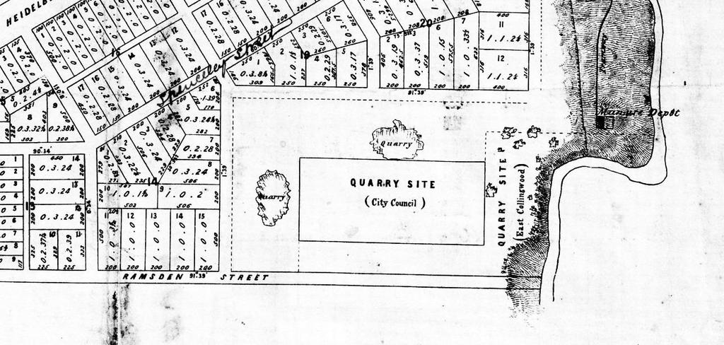18 planning of North Fitzroy M Callander. District Surveyor, Allotments in the Boroughs of Brunswick, Fitzroy and East Collingwood, Department of Lands and Survey, 16 January 1871 [detail].