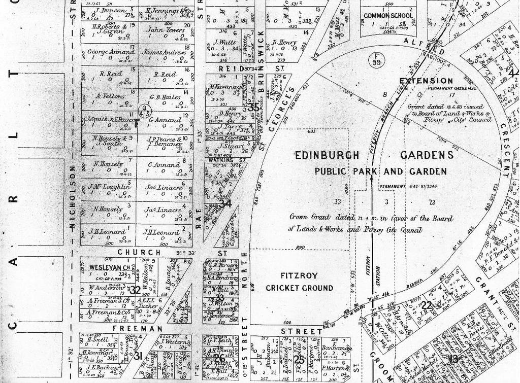half-drowned or half-baked 19 Victorian Lands and Survey Department current record plan, detail of part of North Fitzroy, with the quarry allotments to the left, bounded by Nicholson, Church and Rae