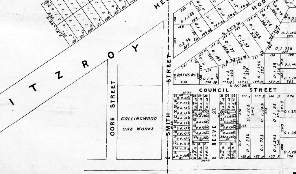 22 planning of North Fitzroy The gasworks Detail of 'Allotments in the City of Collingwood and Borough of Fitzroy', 1864: State Library of Victoria.