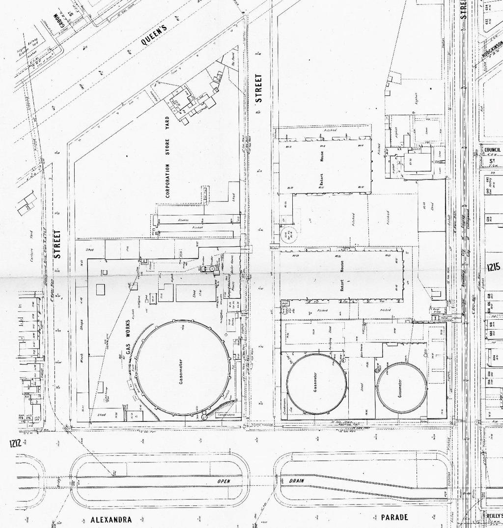 half-drowned or half-baked 23 Detail of Melbourne Metropolitan Board of Works Detail Plan 1213, 1900, showing the original Gasworks site on the right, between Gore and Smith Streets, and the