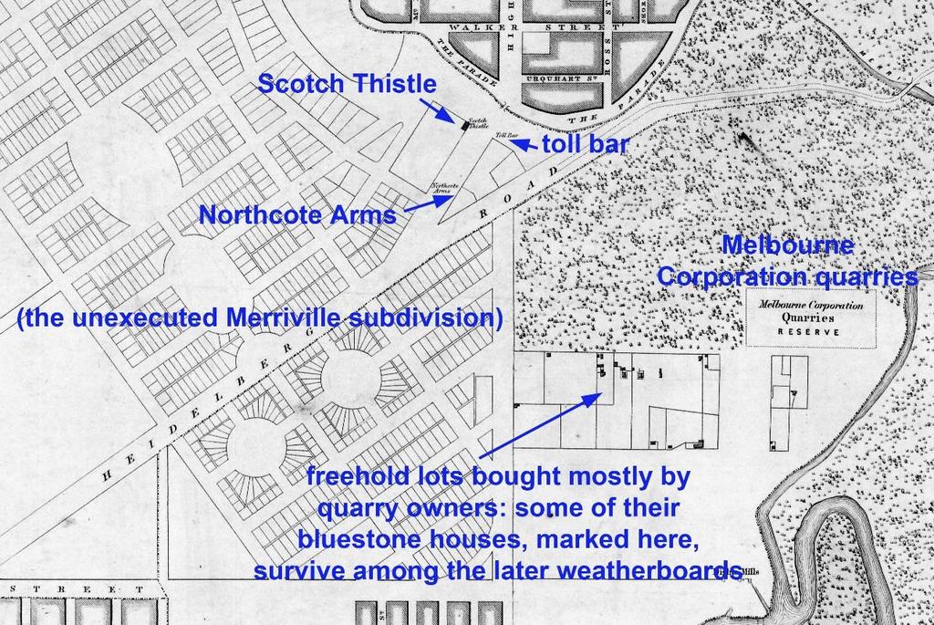 26 planning of North Fitzroy The evolution of government subdivision Detail of the Kearney plan, 1854, with the toll gate, Northcote Arms, and Scotch Thistle marked.