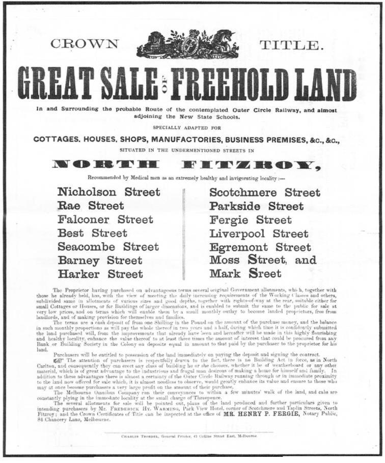 30 planning of North Fitzroy Great Sale of Freehold Land, poster issued by Henry Fergie: National Library of Australia: nla map-room-1640c-s2-e.