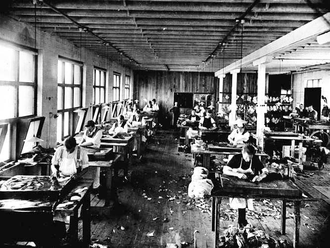 half-drowned or half-baked 73 The Clicking Room at Whybrows Shoe factory, Collingwood.c.1920 This picture illustrates the typical working conditions at the time.