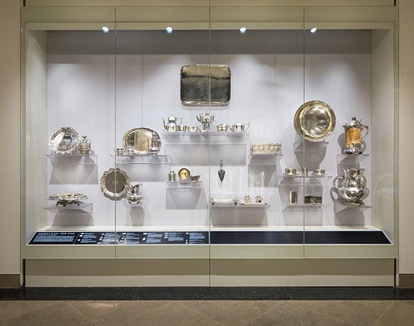 The Hall of American Silver showcases a display of silver and jewelry by the New York retailer Tiffany & Co.