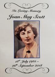Newsletter Spring 2018 Page 4 JOAN SCOTT ( 1935-2018 ) It was a rainy day for Joan s funeral service at the Old St Thomas Chapel, also the Chapel where she was married.