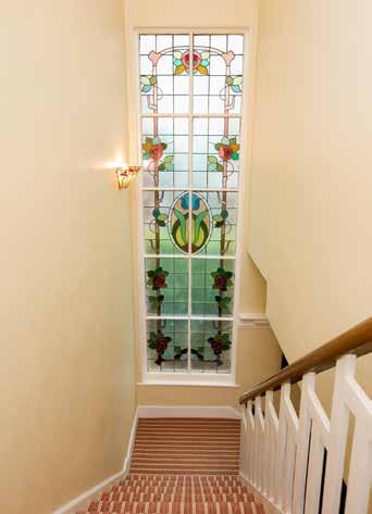 FIRST FLOOR LANDING: Impressive stained and leaded glass landing window. Built in linen press with hatch to roofspace. MASTER BEDROOM: 16 5 x 13 7 (5m x 4.14m) Views to rear garden.