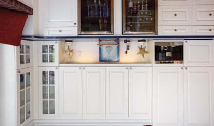 White Cabinetry and Tile/Glass Backsplash Beverage Stations Nautically