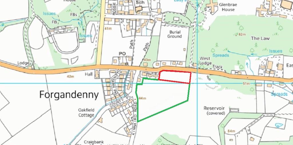 To the north of the two plots runs the B935, over which lie a number of large detached homes and the entrance to Strathallan School. To the east of the land is open ground and a mature wooded area.
