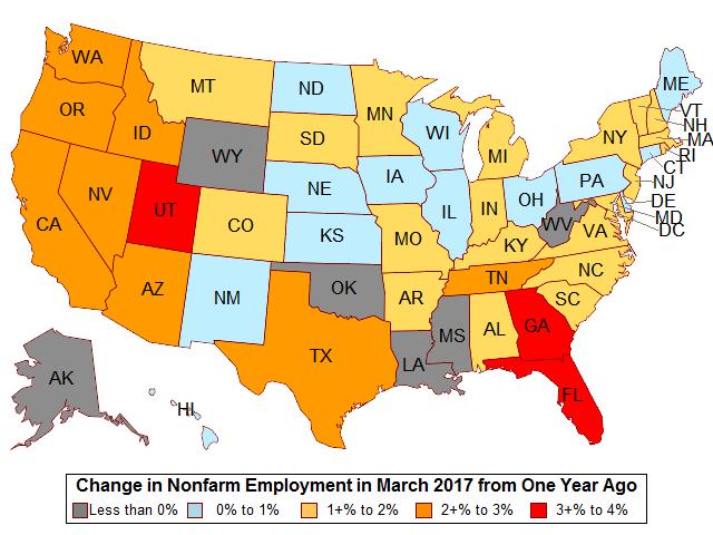 Employment conditions affect the supply and demand for housing. Nationally, employment rose 1.6 percent in April 2017 compared to April 2016.