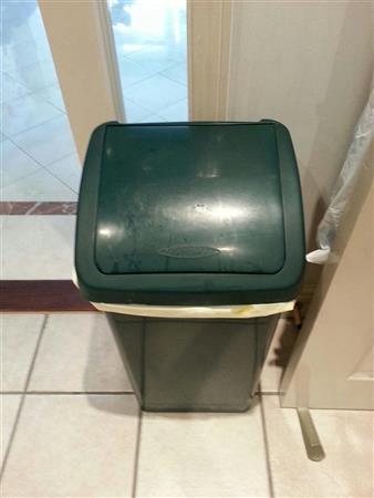Furnishings (Kitchen) Green plastic bin. Wood chopping board.