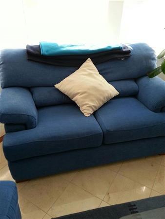 17:29:37 GMT Blue fabric, 2 seater sofa with cream