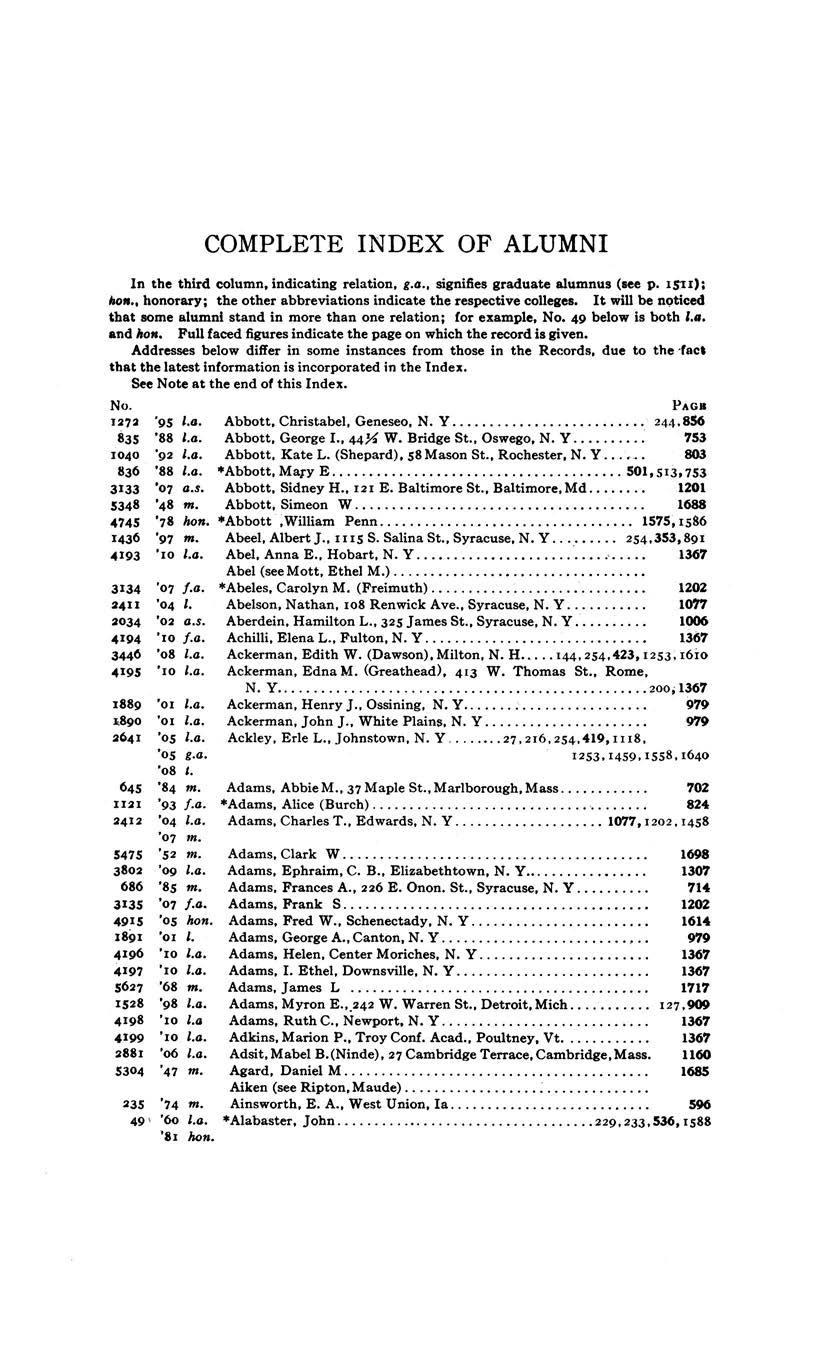 COMPLETE INDEX OF ALUMNI In the third column, indicating relation, g.a., signifies graduate alumnus (see p. I $II); /toll., honorary; the other abbreviations indicate the respective colleges.