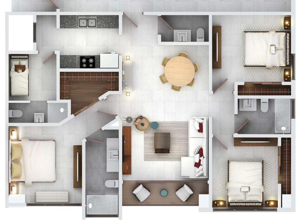 TYPE 1 Living room, dining room and kitchen. Balcony. Half bathroom visit. Main bedroom. Main dressing room. Main bathroom. Bedroom # 2 or studio. Bedroom # 3 Shared bathroom for rooms # 2 and # 3.