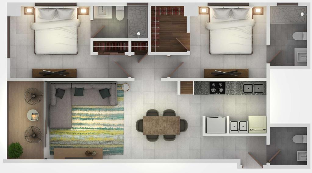 TYPE 3 Living room, dining room and kitchen. Balcony. Half bathroom visit. Main bedroom. Main dressing room. Main bathroom. Bedroom # 2 or studio. Bathroom for room # 2. Washing and Ironing Area.