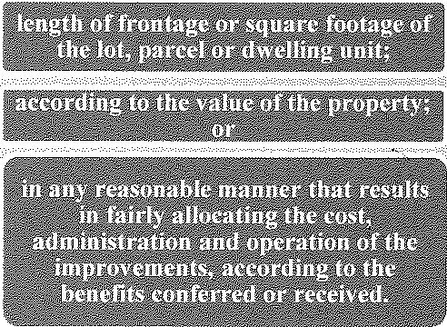 Infrastructure Assessment Fee Shall be fixed May not exceed 25 years Special Assessment Fee May be calculated using any of the following methods: Length of frontage or square footage of the lot,