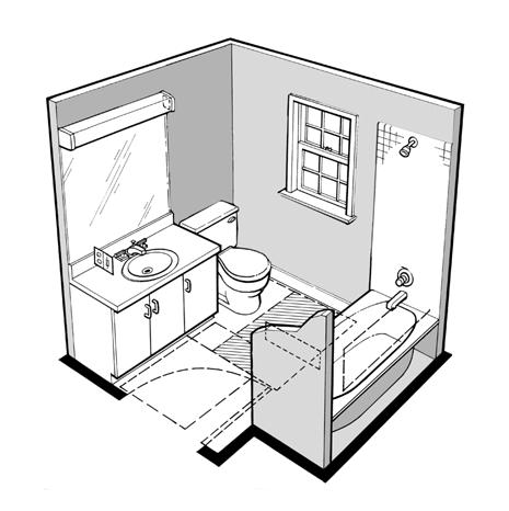 Example B Bathroom Example B Bathroom This illustration shows a bathroom design that would comply with Specification B. The key feature is a 30 x48 clear floor space adjacent to the bathtub.