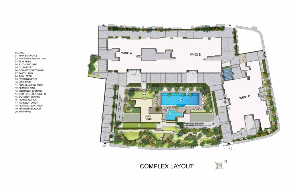 COMPLEX LAYOUT 01. MAIN ENTRANCE 02. WALKING / JOGGING TRAIL 03. PLAY AREA 04. EXIT / OUT GATE 05. CLUB ENTRY 06. CONNECTION TO PARK 07. PARTY LAWN 08. POOL DECK 09. SWIMMING POOL 10. KIDS POOL 11.