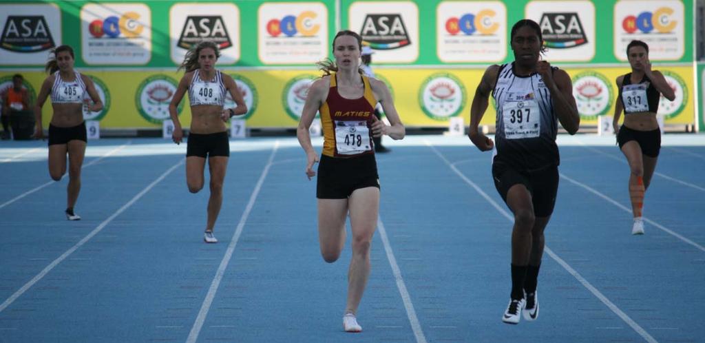 Maties se Justine Palframan en NWU-Pukke se Caster Semenya sê mekaar die stryd aan in die 400m-item by die jaarlikse USSA-atletiekkompetisie MS.3.1.