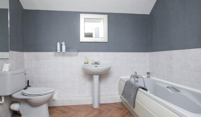 59m) Whisper grey suite, panelled bath with mixer taps and telephone hand shower, pedestal wash hand basin with mixer taps, low flush wc.