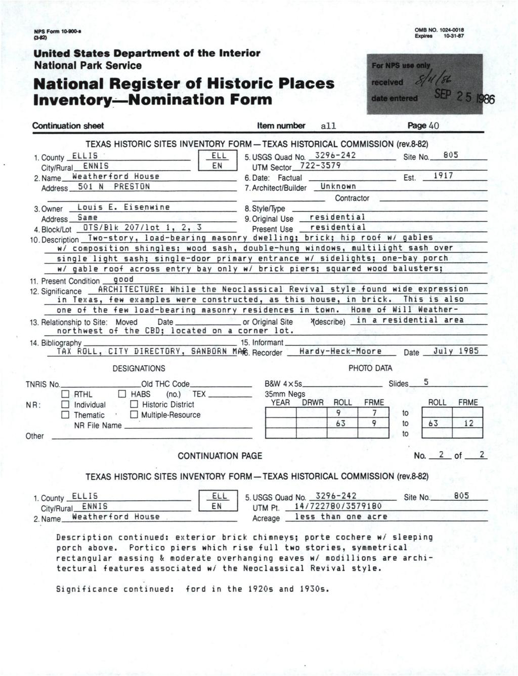 MPS Form 10.S00.I am United States Department off the Interior National Paric Service National Register off Historic Places Inventory Nomination Form For NPS HM only recefved OMB NO. 1024.