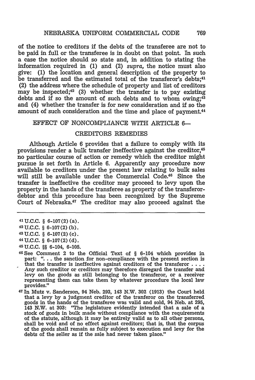 NEBRASKA UNIFORM COMMERCIAL CODE of the notice to creditors if the debts of the transferee are not to be paid in full or the transferee is in doubt on that point.