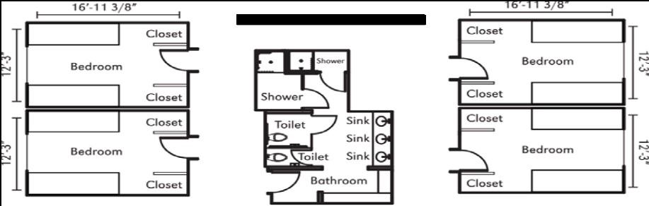 Students living in traditional-style rooms share pod-style bathrooms with only nine students sharing one bathroom.