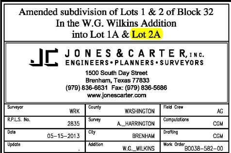 Residential (R-1) Albert and Deborah Weghorst Jones & Carter, Inc. Julie Fulgham, Director of Development Services Proposed Legal Description: Lots 1A and 2A in Block 32 of the W.G.