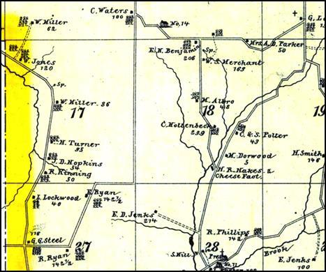 This is a section of a 1876 map of the Town of Cuyler. The area is located one lot north of the southwest corner of the town of Cuyler just west of the village of New Boston.